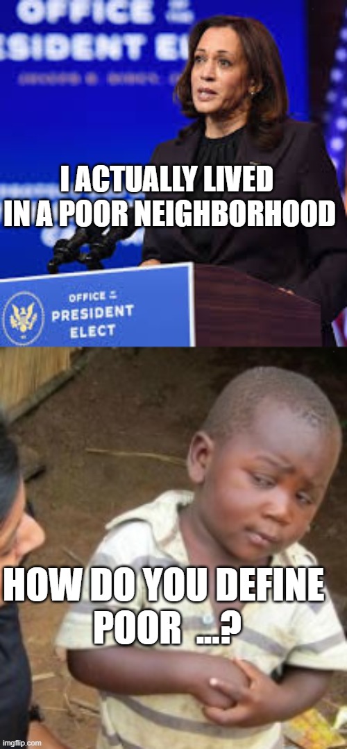 Right .... | I ACTUALLY LIVED 

IN A POOR NEIGHBORHOOD; HOW DO YOU DEFINE
 POOR  ...? | image tagged in skeptical baby,funny memes,so true memes,3rd world sceptical child,kamala harris | made w/ Imgflip meme maker