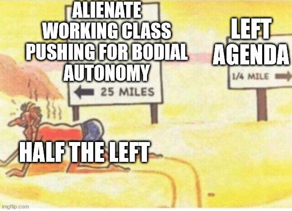 desert-man | ALIENATE WORKING CLASS PUSHING FOR BODIAL
AUTONOMY; LEFT AGENDA; HALF THE LEFT | image tagged in desert-man | made w/ Imgflip meme maker