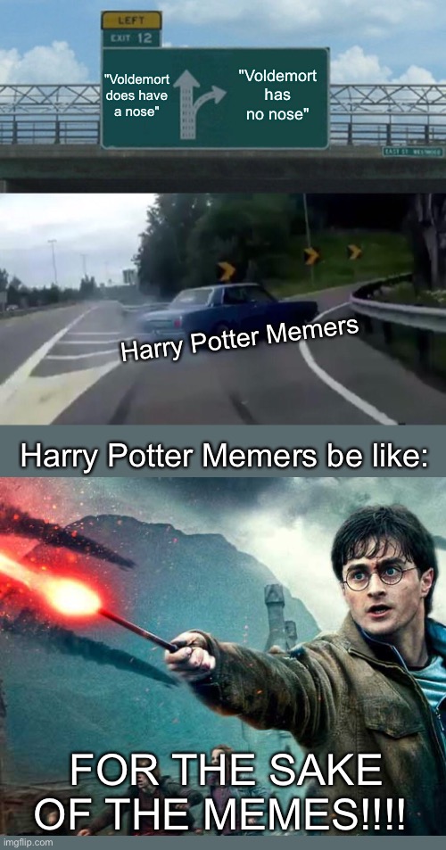 Voldemort - nose or no nose? The age old question. | "Voldemort does have a nose"; "Voldemort has no nose"; Harry Potter Memers; Harry Potter Memers be like:; FOR THE SAKE OF THE MEMES!!!! | image tagged in memes,left exit 12 off ramp | made w/ Imgflip meme maker