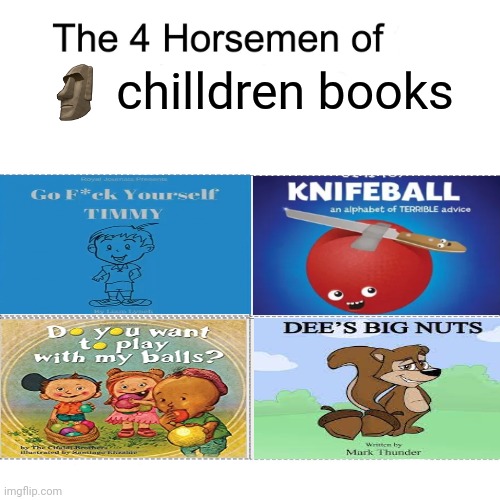 ITomFoolery level 2 | 🗿 chilldren books | image tagged in four horsemen,dee s big nuts,do you want to play with my balls,go f ck yourself timmy,k is for knifeball,memes | made w/ Imgflip meme maker