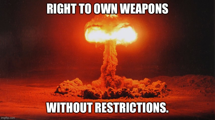 Right to own weapons | RIGHT TO OWN WEAPONS; WITHOUT RESTRICTIONS. | image tagged in nuclear explosion,2nd amendment,freedom of speech | made w/ Imgflip meme maker