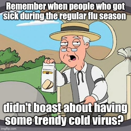 Pepperidge Farm Remembers | Remember when people who got sick during the regular flu season; didn't boast about having some trendy cold virus? | image tagged in memes,pepperidge farm remembers | made w/ Imgflip meme maker