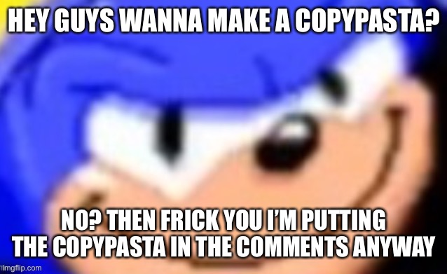 Sonic smile | HEY GUYS WANNA MAKE A COPYPASTA? NO? THEN FRICK YOU I’M PUTTING THE COPYPASTA IN THE COMMENTS ANYWAY | image tagged in sonic smile | made w/ Imgflip meme maker