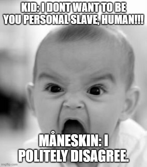 Baby Ain't Gonna be Your Slave | KID: I DONT WANT TO BE YOU PERSONAL SLAVE, HUMAN!!! MÅNESKIN: I POLITELY DISAGREE. | image tagged in memes,angry baby | made w/ Imgflip meme maker