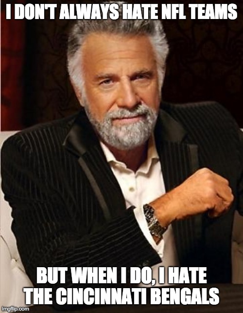 Reviving a NFL Meme be like: | I DON'T ALWAYS HATE NFL TEAMS; BUT WHEN I DO, I HATE THE CINCINNATI BENGALS | image tagged in i don't always | made w/ Imgflip meme maker