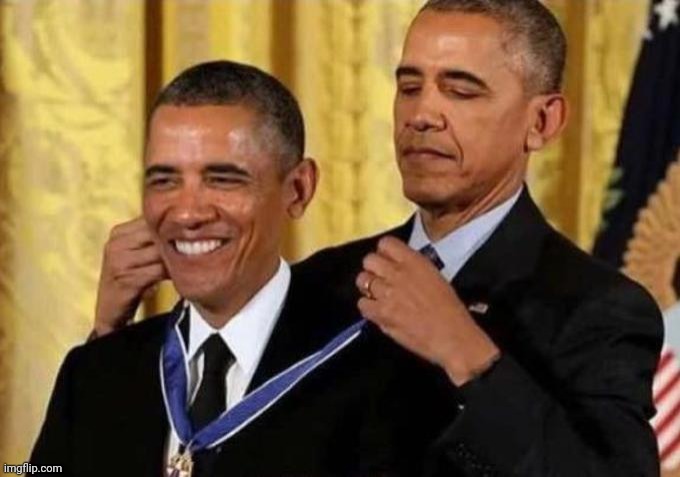 Obama Giving Medal to Obama | image tagged in obama giving medal to obama | made w/ Imgflip meme maker