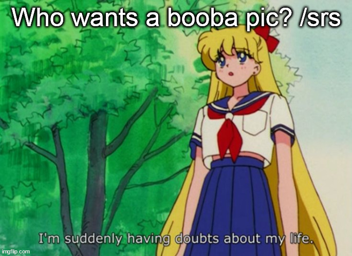 I'm suddenly having doubts about my life | Who wants a booba pic? /srs | image tagged in i'm suddenly having doubts about my life | made w/ Imgflip meme maker
