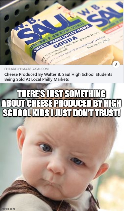 Scary Cheese | THERE'S JUST SOMETHING ABOUT CHEESE PRODUCED BY HIGH SCHOOL KIDS I JUST DON'T TRUST! | image tagged in memes,skeptical baby | made w/ Imgflip meme maker