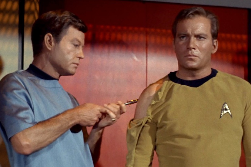 High Quality Dr McCoy giving Captain Kirk a vaccine Blank Meme Template