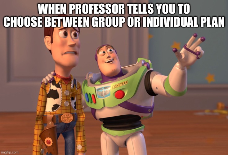 X, X Everywhere | WHEN PROFESSOR TELLS YOU TO CHOOSE BETWEEN GROUP OR INDIVIDUAL PLAN | image tagged in memes,x x everywhere | made w/ Imgflip meme maker