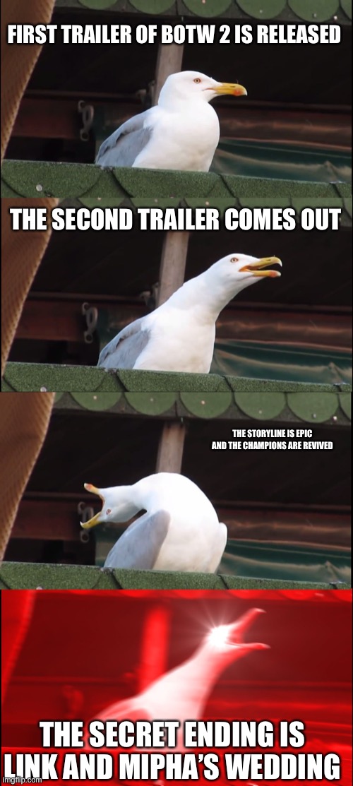 Inhaling Seagull | FIRST TRAILER OF BOTW 2 IS RELEASED; THE SECOND TRAILER COMES OUT; THE STORYLINE IS EPIC AND THE CHAMPIONS ARE REVIVED; THE SECRET ENDING IS LINK AND MIPHA’S WEDDING | image tagged in memes,inhaling seagull | made w/ Imgflip meme maker