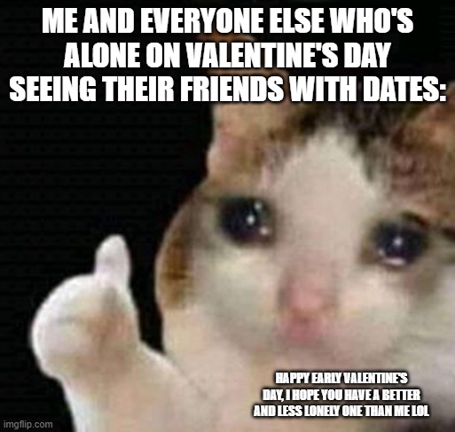Happy Early Valentine's Day |  ME AND EVERYONE ELSE WHO'S ALONE ON VALENTINE'S DAY SEEING THEIR FRIENDS WITH DATES:; HAPPY EARLY VALENTINE'S DAY, I HOPE YOU HAVE A BETTER AND LESS LONELY ONE THAN ME LOL | image tagged in sad thumbs up cat | made w/ Imgflip meme maker