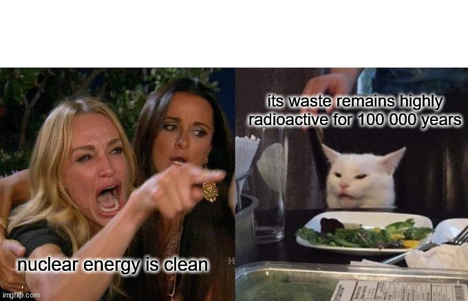Woman Yelling At Cat | its waste remains highly radioactive for 100 000 years; nuclear energy is clean | image tagged in memes,woman yelling at cat | made w/ Imgflip meme maker
