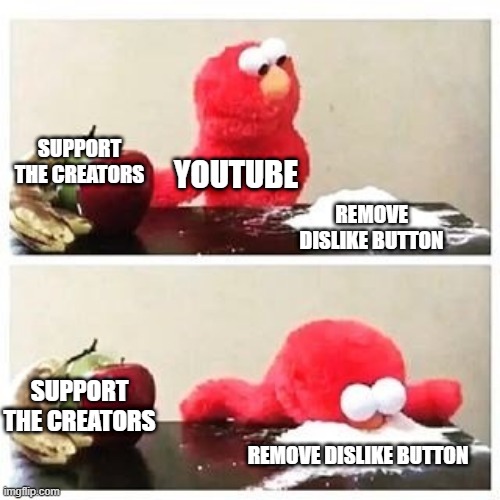 elmo cocaine | SUPPORT THE CREATORS; YOUTUBE; REMOVE DISLIKE BUTTON; SUPPORT THE CREATORS; REMOVE DISLIKE BUTTON | image tagged in elmo cocaine,youtube | made w/ Imgflip meme maker