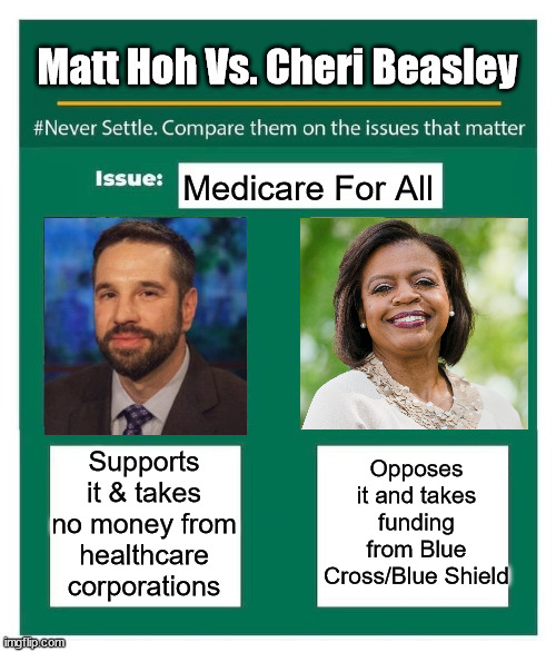 Matt Hoh Vs. Cheri Beasley | Medicare For All; Opposes it and takes funding from Blue Cross/Blue Shield; Supports it & takes no money from healthcare corporations | image tagged in matt hoh vs cheri beasley,medicare for all,medicare | made w/ Imgflip meme maker