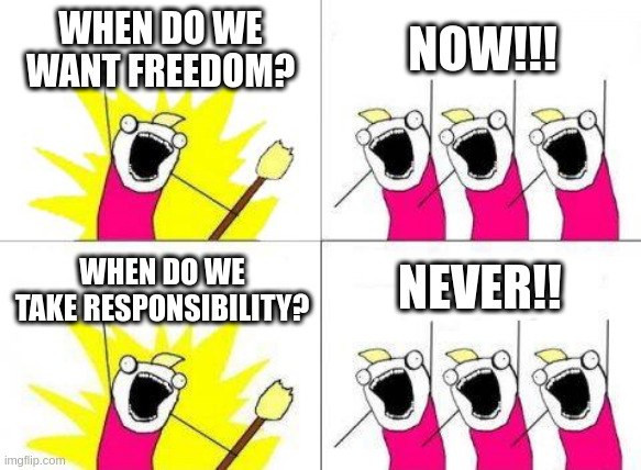 What Do We Want | WHEN DO WE WANT FREEDOM? NOW!!! NEVER!! WHEN DO WE TAKE RESPONSIBILITY? | image tagged in memes,what do we want | made w/ Imgflip meme maker