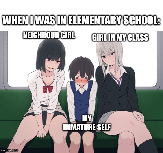 Young me | WHEN I WAS IN ELEMENTARY SCHOOL:; GIRL IN MY CLASS; NEIGHBOUR GIRL; MY IMMATURE SELF | image tagged in shota meme,girls,young,immature,school | made w/ Imgflip meme maker