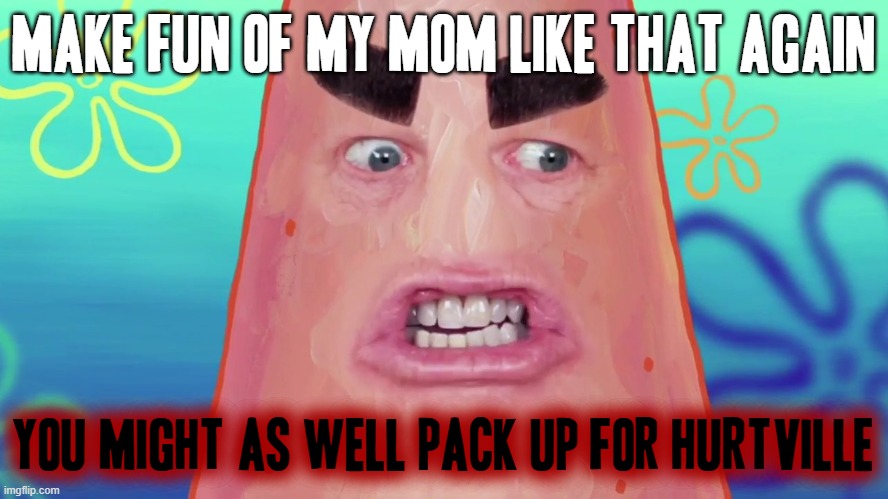 Seriously WRAITH_230 somebody already insulted my mother i had to get savage with them | MAKE FUN OF MY MOM LIKE THAT AGAIN; YOU MIGHT AS WELL PACK UP FOR HURTVILLE | image tagged in things are gonna get crazy patrick,memes,savage memes | made w/ Imgflip meme maker