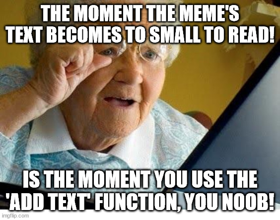 old lady at computer | THE MOMENT THE MEME'S TEXT BECOMES TO SMALL TO READ! IS THE MOMENT YOU USE THE 'ADD TEXT' FUNCTION, YOU NOOB! | image tagged in old lady at computer | made w/ Imgflip meme maker