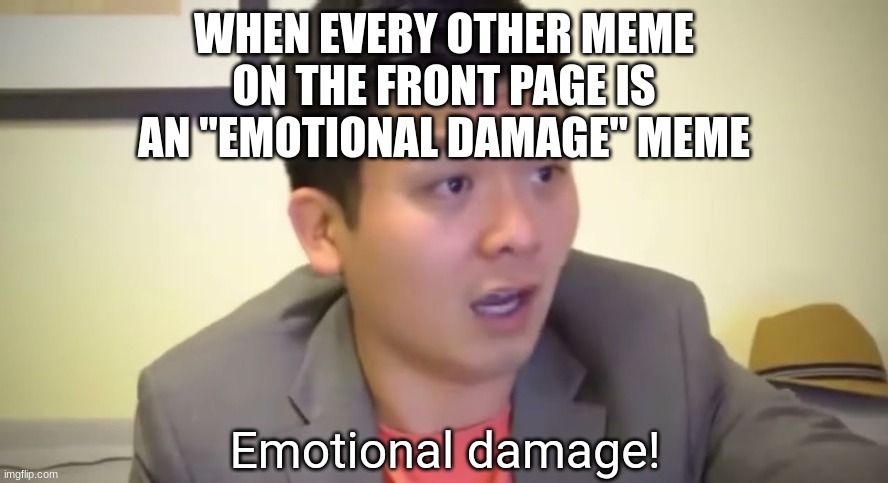 Emotional damage | WHEN EVERY OTHER MEME ON THE FRONT PAGE IS AN "EMOTIONAL DAMAGE" MEME | image tagged in emotional damage,barney will eat all of your delectable biscuits,oh wow are you actually reading these tags | made w/ Imgflip meme maker