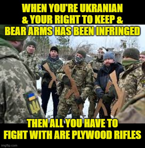 A cautionary tale to be sure | WHEN YOU'RE UKRANIAN & YOUR RIGHT TO KEEP & BEAR ARMS HAS BEEN INFRINGED; THEN ALL YOU HAVE TO FIGHT WITH ARE PLYWOOD RIFLES | image tagged in ukrainians,2nd amendment,wwiii | made w/ Imgflip meme maker