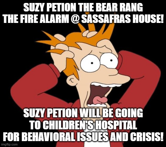 Suzy Petion Crisis Center | SUZY PETION THE BEAR RANG THE FIRE ALARM @ SASSAFRAS HOUSE! SUZY PETION WILL BE GOING TO CHILDREN'S HOSPITAL FOR BEHAVIORAL ISSUES AND CRISIS! | image tagged in panic attack,kids,anxiety | made w/ Imgflip meme maker