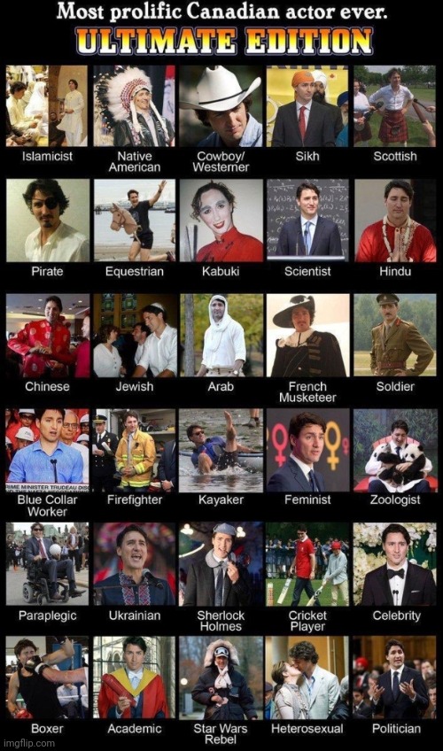 image tagged in a man of many faces,prolific canadian actor,big booty trudy,trudeau | made w/ Imgflip meme maker