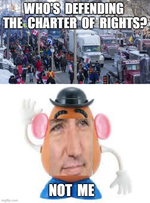 WHO'S  DEFENDING  THE  CHARTER  OF  RIGHTS? NOT  ME | image tagged in justin trudeau,canadian truckers convoy,truckers,ottawa | made w/ Imgflip meme maker