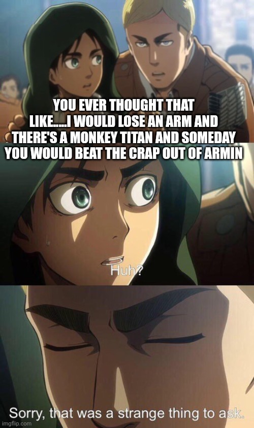 Strange question attack on titan | YOU EVER THOUGHT THAT LIKE.....I WOULD LOSE AN ARM AND THERE'S A MONKEY TITAN AND SOMEDAY YOU WOULD BEAT THE CRAP OUT OF ARMIN | image tagged in strange question attack on titan,attack on titan,eren,erwin,anime,funny | made w/ Imgflip meme maker