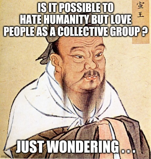 Confucius Says | IS IT POSSIBLE TO HATE HUMANITY BUT LOVE PEOPLE AS A COLLECTIVE GROUP ? JUST WONDERING . . . | image tagged in confucius says | made w/ Imgflip meme maker