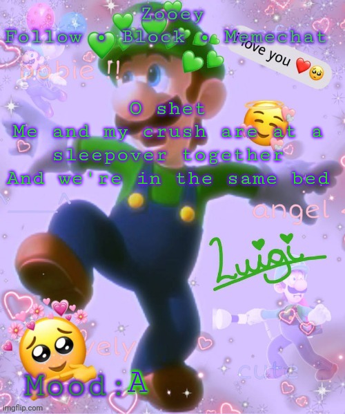 Shiiiiii | O shet
Me and my crush are at a sleepover together
And we're in the same bed; A | image tagged in zooey's luigi announcement temp | made w/ Imgflip meme maker