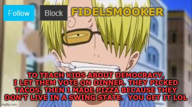 fidelsmooker | TO TEACH KIDS ABOUT DEMOCRACY, I LET THEM VOTE ON DINNER. THEY PICKED TACOS. THEN I MADE PIZZA BECAUSE THEY DON’T LIVE IN A SWING STATE.  YOU GET IT LOL | image tagged in fidelsmooker | made w/ Imgflip meme maker