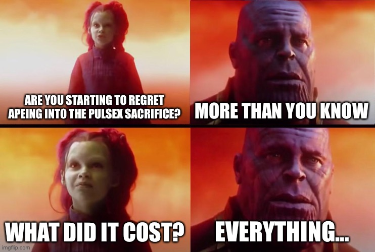 thanos what did it cost | ARE YOU STARTING TO REGRET APEING INTO THE PULSEX SACRIFICE? MORE THAN YOU KNOW; WHAT DID IT COST? EVERYTHING… | image tagged in thanos what did it cost | made w/ Imgflip meme maker