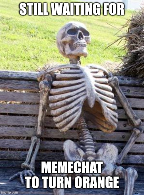 Waiting Skeleton | STILL WAITING FOR; MEMECHAT TO TURN ORANGE | image tagged in memes,waiting skeleton | made w/ Imgflip meme maker