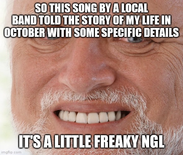 I'm losing my mind a little | SO THIS SONG BY A LOCAL BAND TOLD THE STORY OF MY LIFE IN OCTOBER WITH SOME SPECIFIC DETAILS; IT'S A LITTLE FREAKY NGL | image tagged in hide the pain harold | made w/ Imgflip meme maker