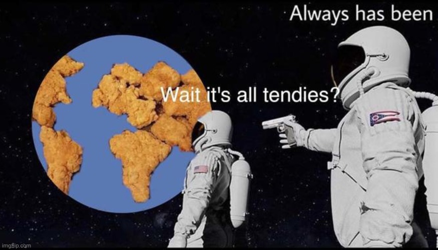 The World Is Chicken Nuggies | Wait it's all tendies? Always has been | image tagged in always has been,memes,funny,chicken nuggets,funny memes | made w/ Imgflip meme maker