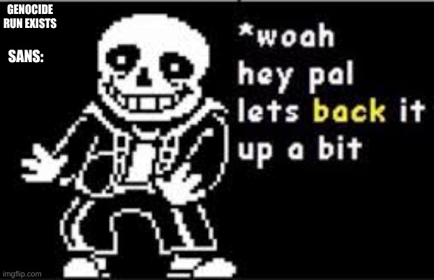 woah hey pal lets back it up a bit | GENOCIDE RUN EXISTS; SANS: | image tagged in woah hey pal lets back it up a bit | made w/ Imgflip meme maker
