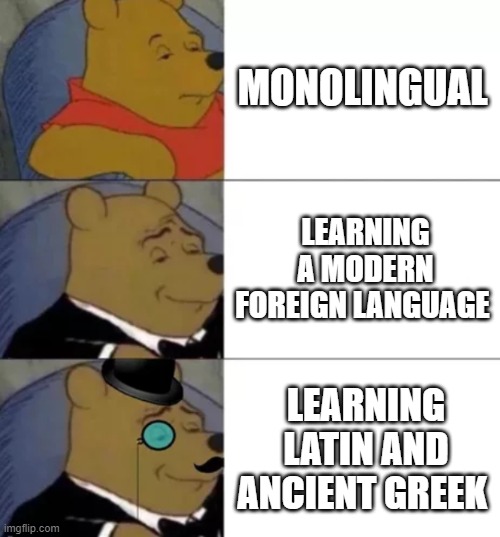 Language Learning | MONOLINGUAL; LEARNING A MODERN FOREIGN LANGUAGE; LEARNING LATIN AND ANCIENT GREEK | image tagged in fancy pooh,latin,ancient greek,language | made w/ Imgflip meme maker