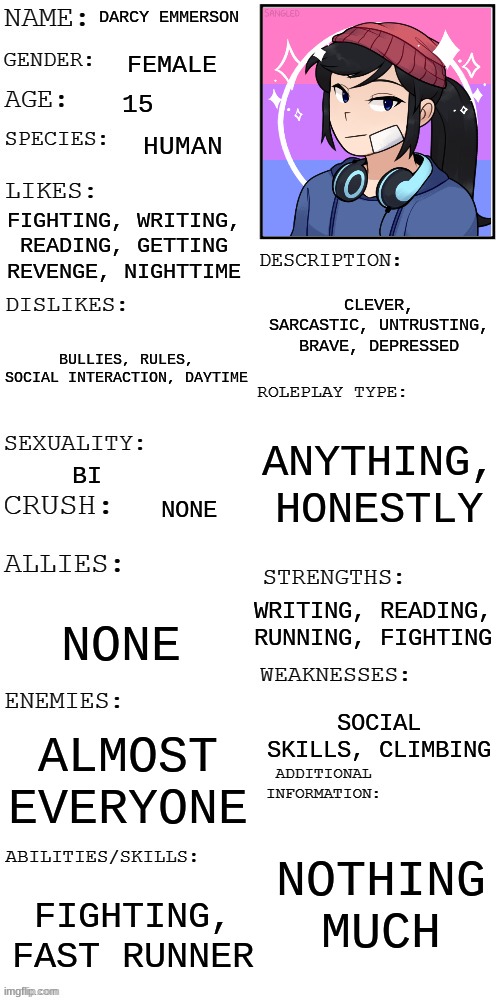 My new RP Character >:3 | DARCY EMMERSON; FEMALE; 15; HUMAN; FIGHTING, WRITING, READING, GETTING REVENGE, NIGHTTIME; CLEVER, SARCASTIC, UNTRUSTING, BRAVE, DEPRESSED; BULLIES, RULES, SOCIAL INTERACTION, DAYTIME; ANYTHING, HONESTLY; BI; NONE; WRITING, READING, RUNNING, FIGHTING; NONE; SOCIAL SKILLS, CLIMBING; ALMOST EVERYONE; NOTHING MUCH; FIGHTING, FAST RUNNER | image tagged in updated roleplay oc showcase | made w/ Imgflip meme maker