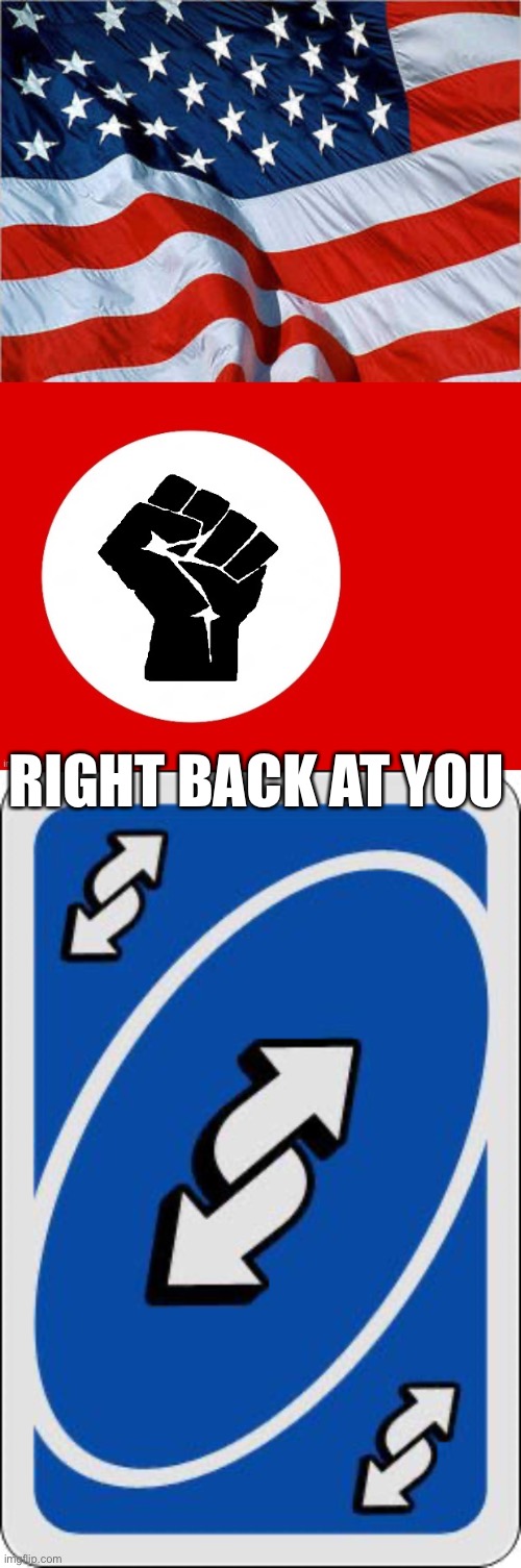 RIGHT BACK AT YOU | image tagged in usa flag,black lives matter,uno reverse card | made w/ Imgflip meme maker
