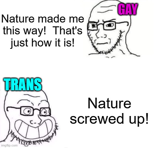 getting cancelled | GAY; Nature made me this way!  That's just how it is! TRANS; Nature screwed up! | image tagged in hypocrite neckbeard | made w/ Imgflip meme maker