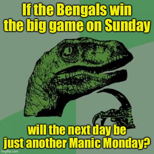 Philosoraptor | If the Bengals win the big game on Sunday; will the next day be just another Manic Monday? | image tagged in memes,philosoraptor,bengals | made w/ Imgflip meme maker