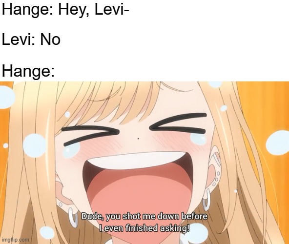 Hange and Levi's relationship in a nutshell | Hange: Hey, Levi-; Levi: No; Hange: | image tagged in attack on titan,aot,snk,shingeki no kyojin,memes,anime,Animemes | made w/ Imgflip meme maker