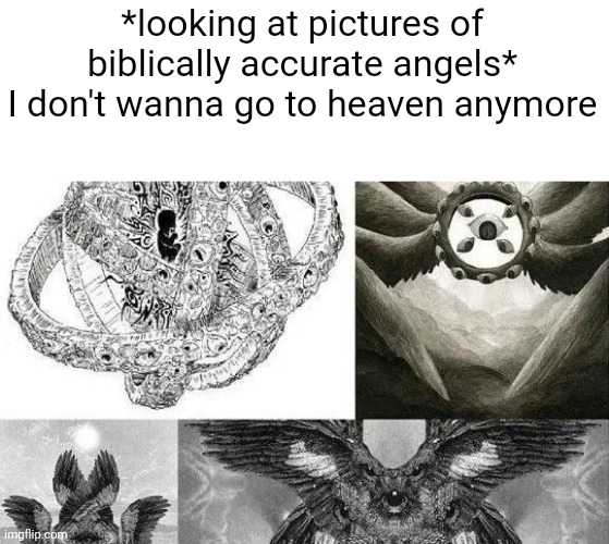 *looking at pictures of biblically accurate angels*
I don't wanna go to heaven anymore | made w/ Imgflip meme maker