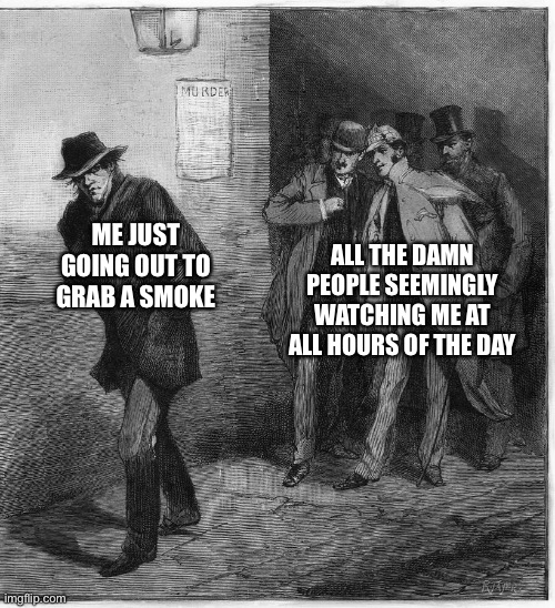 When you’re introverted | ALL THE DAMN PEOPLE SEEMINGLY WATCHING ME AT ALL HOURS OF THE DAY; ME JUST GOING OUT TO GRAB A SMOKE | image tagged in introvert,cigarette,smoking,bruh moment,lmao,omg | made w/ Imgflip meme maker
