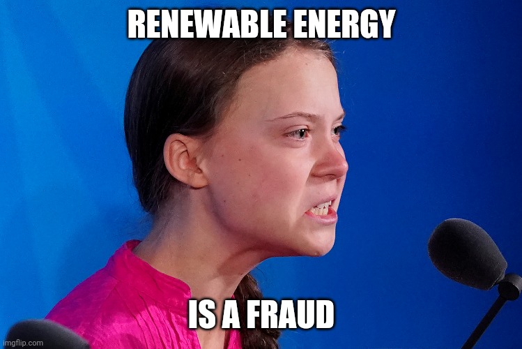 Greta Thunberg | RENEWABLE ENERGY IS A FRAUD | image tagged in greta thunberg | made w/ Imgflip meme maker