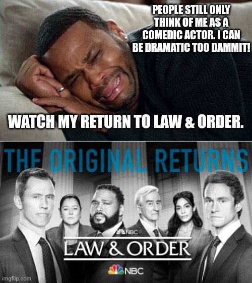 Anthony Anderson Is Not Just Comedic, He Can Be Dramatic Too! | PEOPLE STILL ONLY THINK OF ME AS A COMEDIC ACTOR. I CAN BE DRAMATIC TOO DAMMIT! WATCH MY RETURN TO LAW & ORDER. | image tagged in anthony anderson,law and order | made w/ Imgflip meme maker