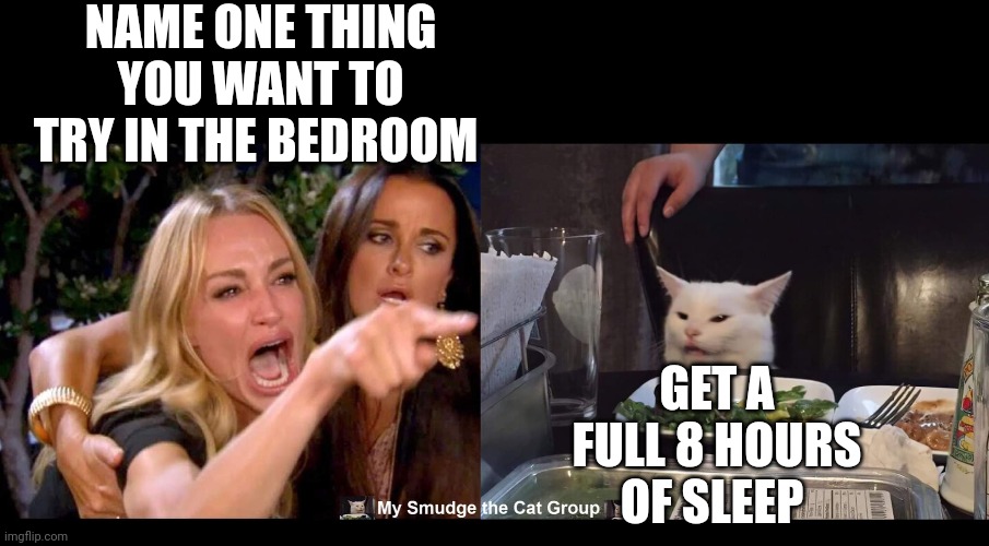  NAME ONE THING YOU WANT TO TRY IN THE BEDROOM; GET A FULL 8 HOURS OF SLEEP | image tagged in smudge the cat | made w/ Imgflip meme maker