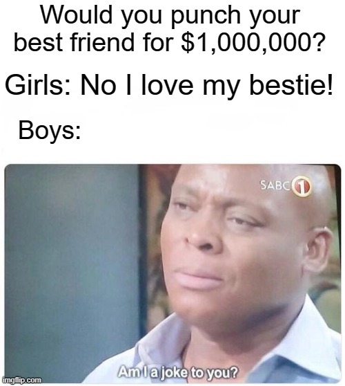 When someone but a girl for $1M | Would you punch your best friend for $1,000,000? Girls: No I love my bestie! Boys: | image tagged in am i a joke to you,memes | made w/ Imgflip meme maker