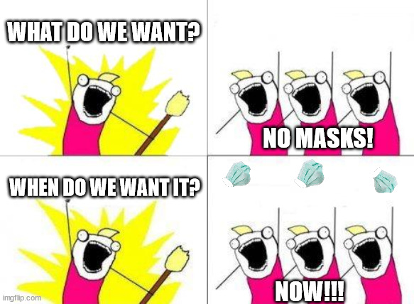 What Do We Want | WHAT DO WE WANT? NO MASKS! WHEN DO WE WANT IT? NOW!!! | image tagged in memes,what do we want | made w/ Imgflip meme maker